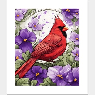 Cardinal Bird Surrounded By Violet Viola Flower Border Posters and Art